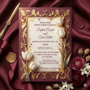 Vintage Burgundy Gold Baroque Floral Ivory Wedding Invitation
