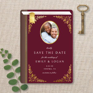 Vintage Burgundy Gold Book Photo Wedding Save The Date