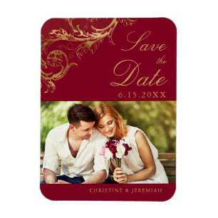 Vintage Burgundy Gold Damask Photo Save the Date Magnet