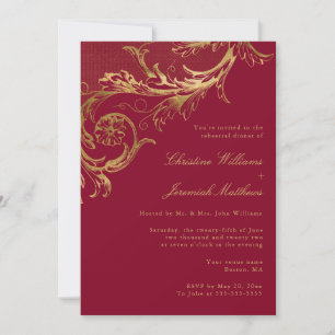 Vintage Burgundy Gold Damask Rehearsal Dinner Invitation