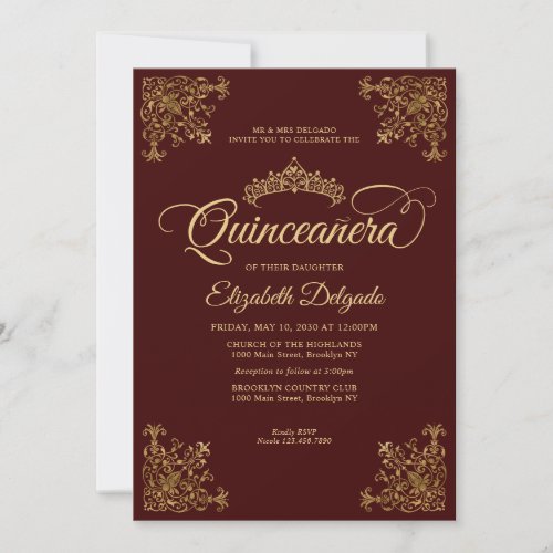 Vintage Burgundy Gold Elegant Tiara Quinceanera Invitation