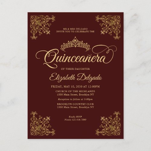 Vintage Burgundy Gold Elegant Tiara Quinceanera Postcard