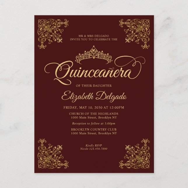 Vintage Burgundy Gold Elegant Tiara Quinceanera Postcard (Front)