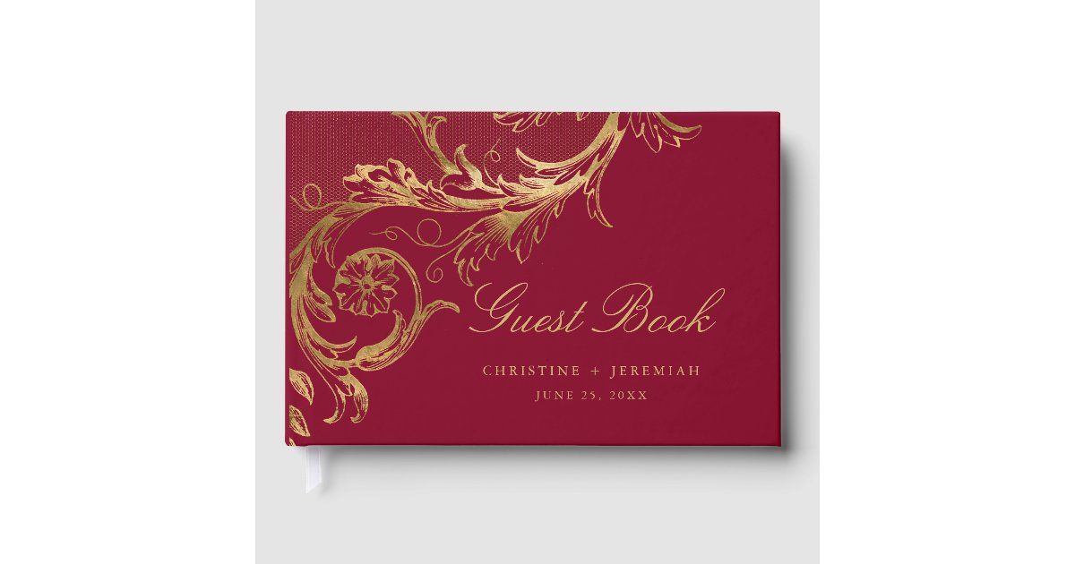 Vintage Burgundy Gold Floral Damask Script Wedding Guest Book | Zazzle