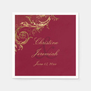 Vintage Burgundy Gold Floral Damask Script Wedding Napkins