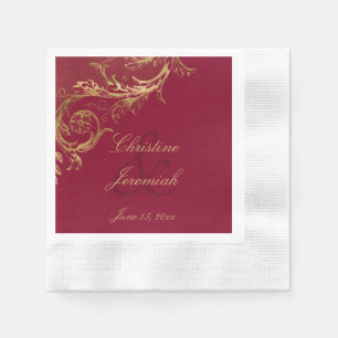 Vintage Burgundy Gold Floral Damask Script Wedding Napkins