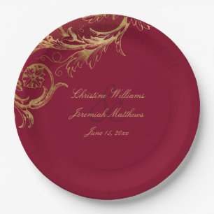Vintage Burgundy Gold Floral Damask Script Wedding Paper Plates
