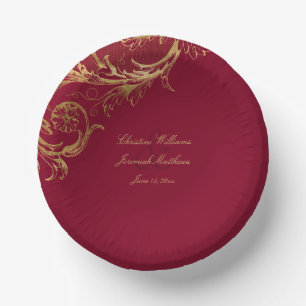 Vintage Burgundy Gold Floral Damask Wedding Paper Bowls