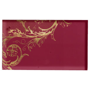 Vintage Burgundy Gold Floral Damask Wedding Place Card Holder