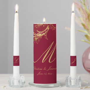 Vintage Burgundy Gold Floral Damask Wedding Unity Candle Set