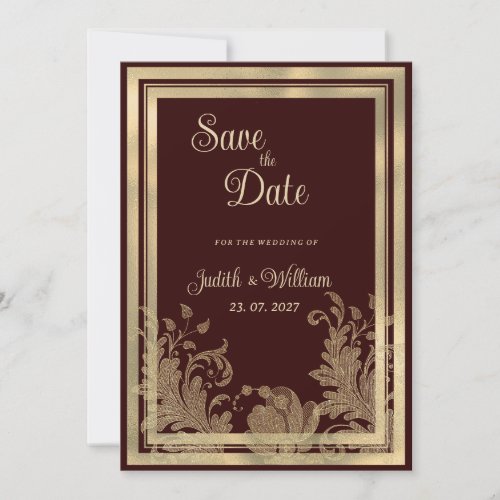 Vintage burgundy gold floral lace  Save the Date Invitation