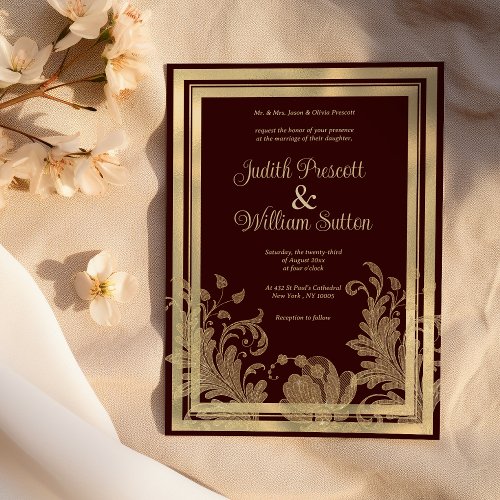 Vintage burgundy gold floral lace Wedding  Invitation