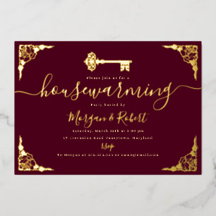 Vintage Burgundy Gold Key Housewarming Party Foil Invitation
