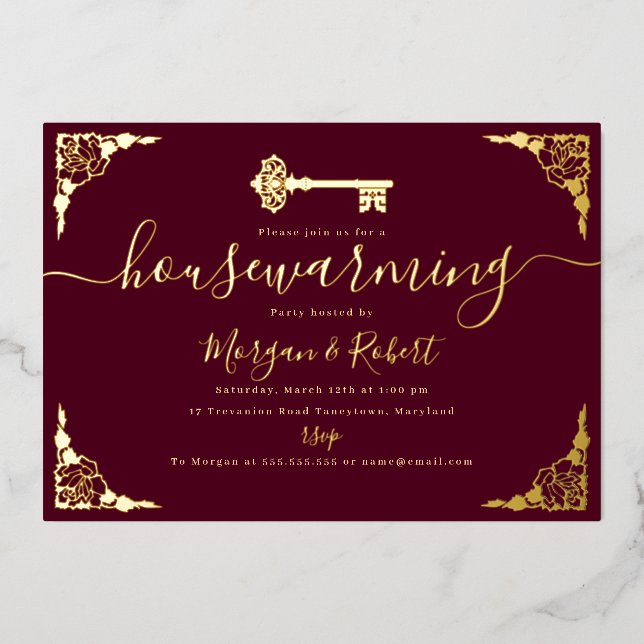 Vintage Burgundy Gold Key Housewarming Party  Foil Invitation (Front)