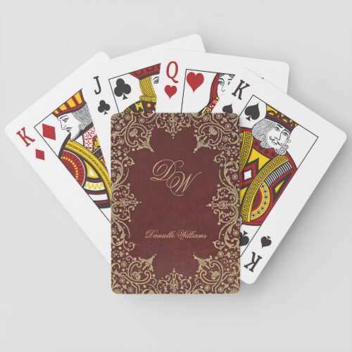 Vintage  Burgundy Gold Monogram Custom Name Red Poker Cards