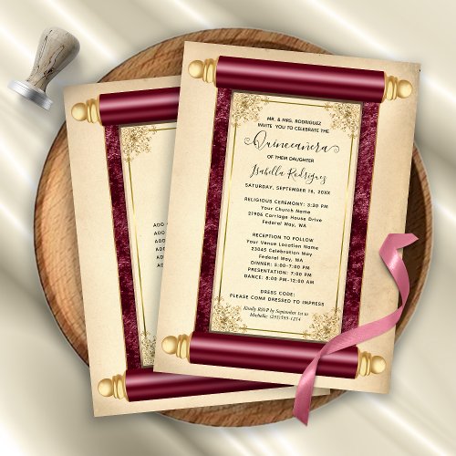 Vintage Burgundy Gold Scroll Elegant Quinceaera Invitation