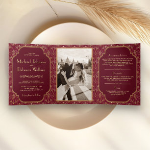 Vintage Burgundy Great Gatsby Art Deco Wedding Tri-Fold Invitation