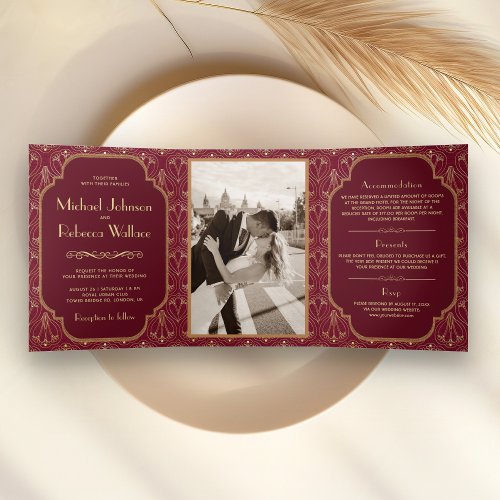 Vintage Burgundy Great Gatsby Art Deco Wedding Tri_Fold Invitation