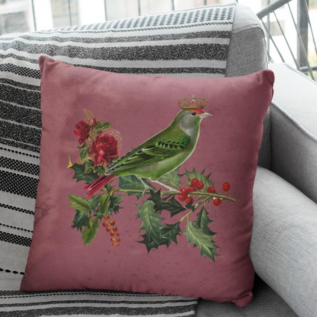 Vintage Burgundy Green Bird Victorian Throw Pillow (Creator Uploaded)