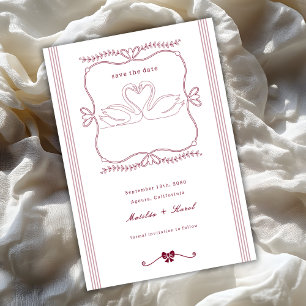 Vintage Burgundy Hand Drawn Swan Stripes Wedding Save The Date