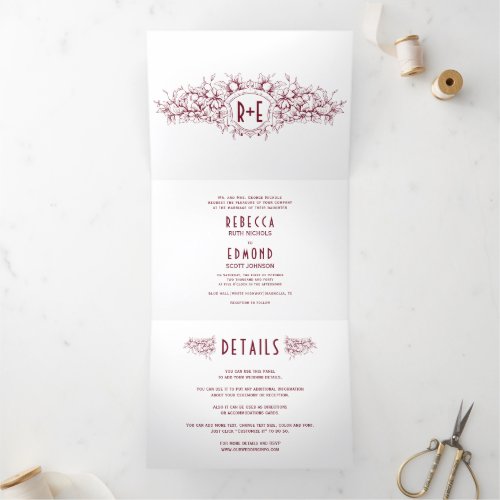 Vintage burgundy heraldic crest initials wedding Tri_Fold invitation