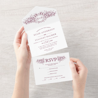 Vintage burgundy, initials heraldic crest wedding  all in one invitation
