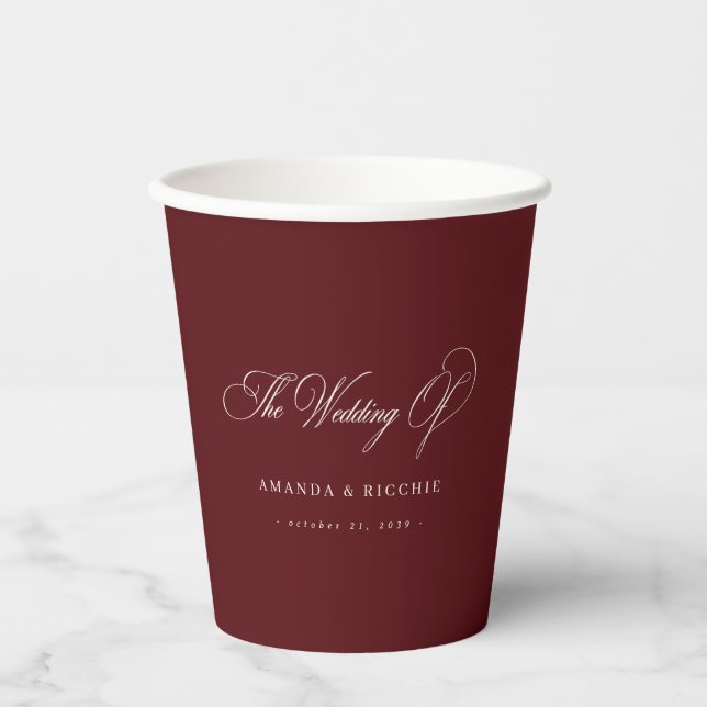 Vintage Burgundy Ivory Old Money Deep Red Wedding Paper Cups (Front)