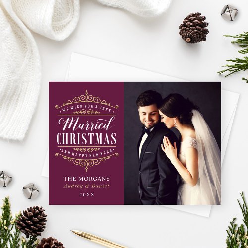 Vintage Burgundy Married Christmas Wedding Photo Holiday Card