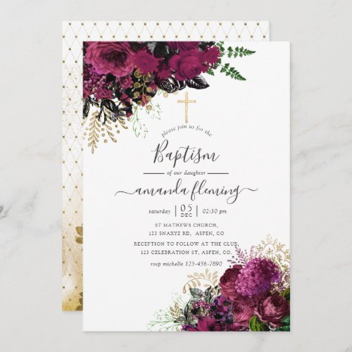 Vintage Burgundy _ Marsala and Gold Baptism Invitation