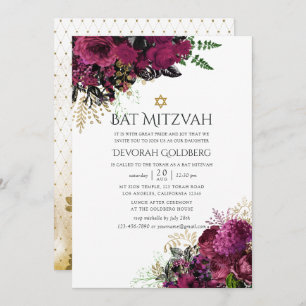 Vintage Burgundy-Marsala & Gold Floral Bat Mitzvah Invitation