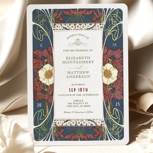 Vintage Burgundy Navy Blue Wedding Art Nouveau Invitation