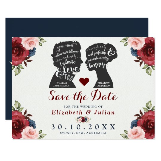 Vintage Burgundy Navy Floral Quotes Save The Date Invitation