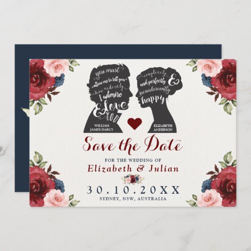 Vintage Burgundy Navy Floral Quotes Save the Date Invitation