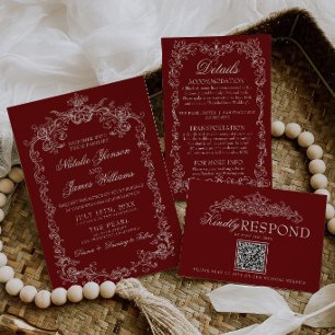 Vintage Burgundy Old Money Retro Photo Wedding Invitation