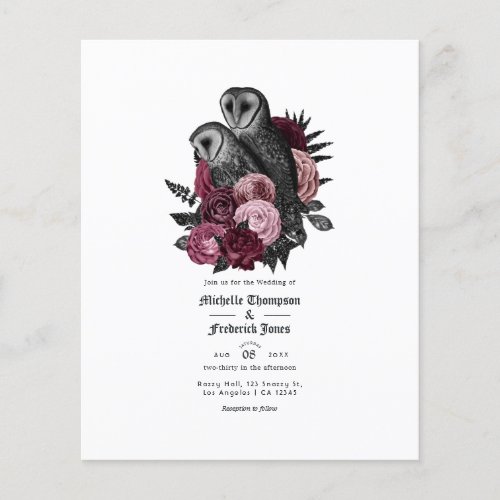 Vintage Burgundy Owls Gothic Wedding Invitation Flyer