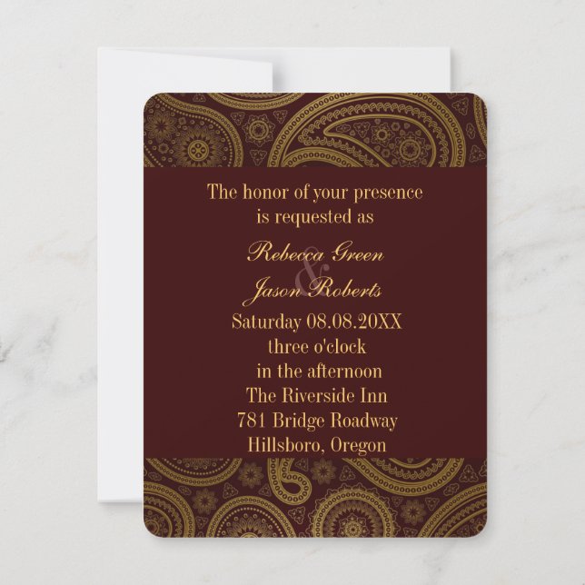 vintage burgundy pattern paisley western wedding invitation (Back)