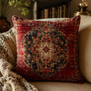 Vintage Burgundy Persian Medallion Pattern Ornate Throw Pillow