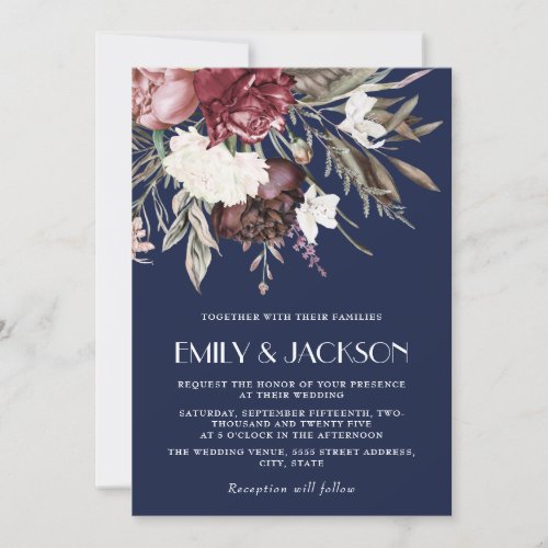 Vintage Burgundy Pink Floral Navy Blue Wedding Invitation