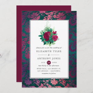 Vintage Burgundy Plum and Teal Floral Wedding Invitation