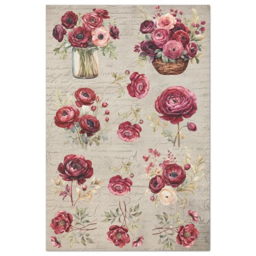 Vintage burgundy Ranunculus flowers old paper