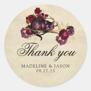 Vintage Burgundy Red Floral Cat Wedding Thank you Classic Round Sticker