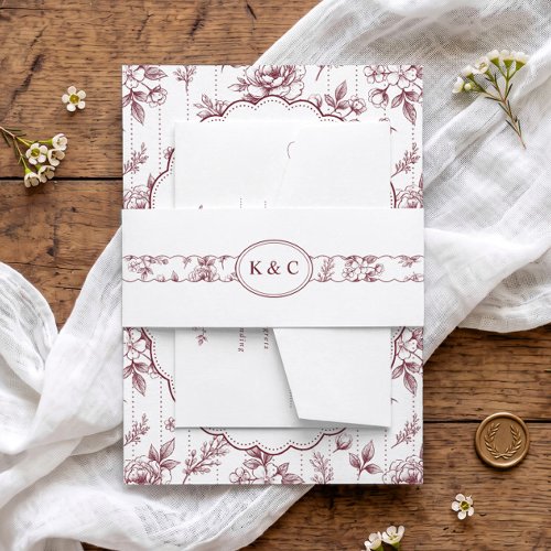 Vintage Burgundy Red Floral Ribbon Wedding Invitation Belly Band