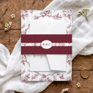 Vintage Burgundy Red Floral Ribbon Wedding Invitation Belly Band