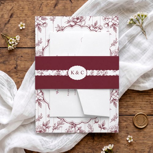 Vintage Burgundy Red Floral Ribbon Wedding Invitation Belly Band