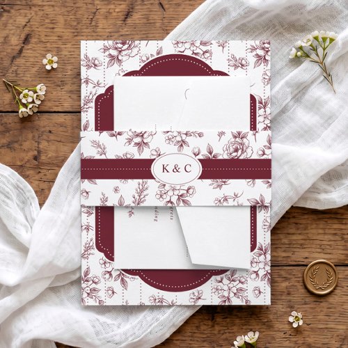 Vintage Burgundy Red Floral Toile Initials Wedding Invitation Belly Band