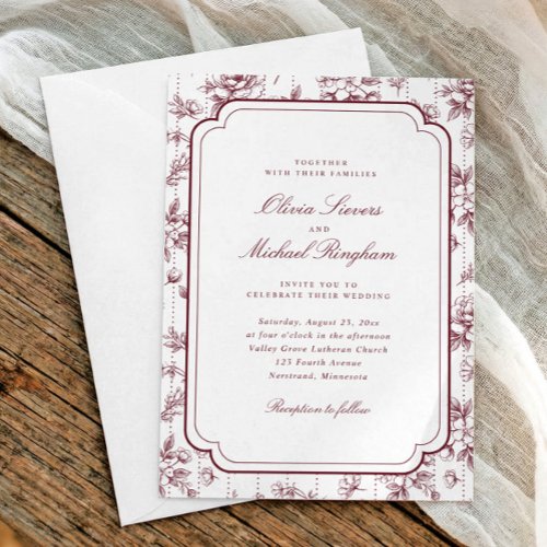 Vintage Burgundy Red French Floral Toile Wedding Invitation