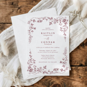 Vintage Burgundy Red French Floral Wedding Invitation