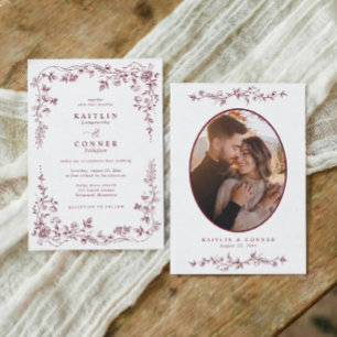Vintage Burgundy Red French Floral Wedding Photo Invitation
