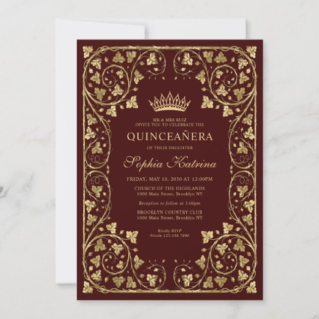 Vintage Burgundy Red Gold Modern Tiara Quinceanera Invitation (Front)