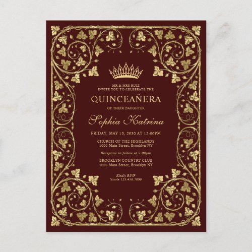 Vintage Burgundy Red Gold Modern Tiara Quinceanera Invitation Postcard